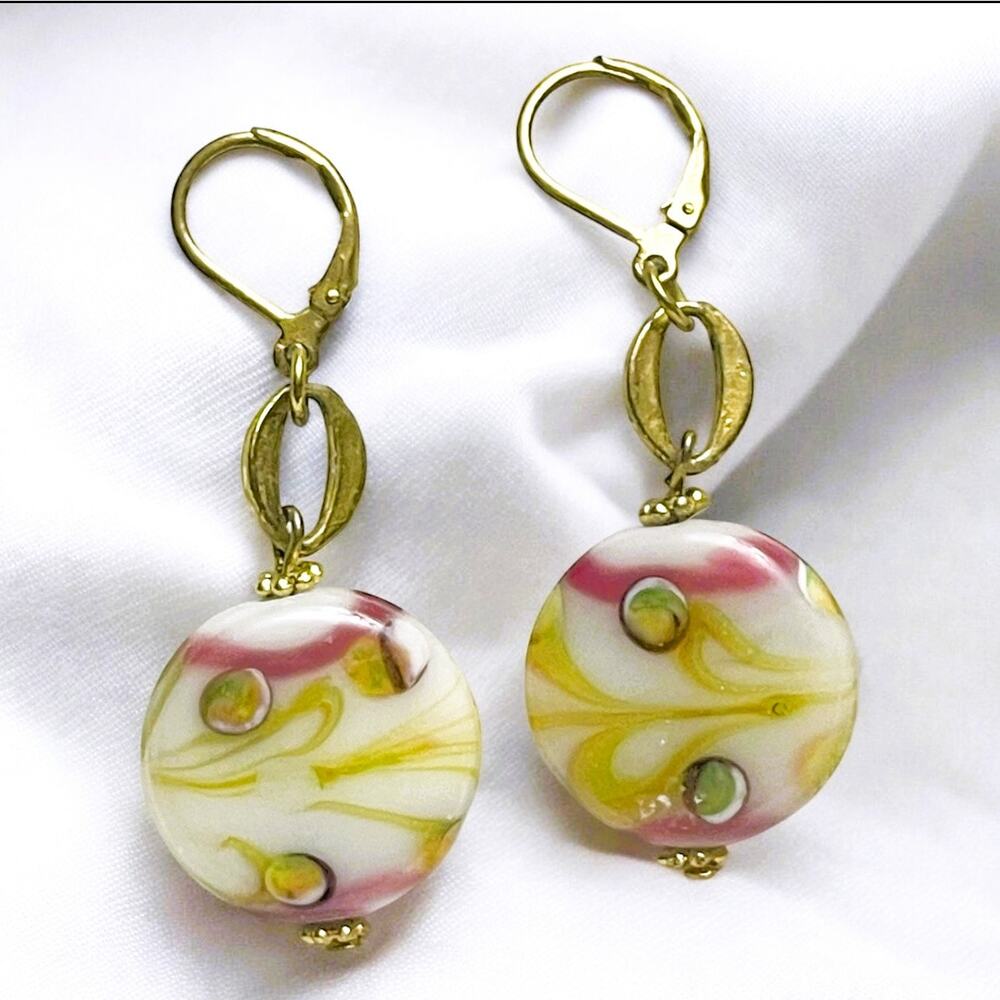 Vintage Murano Glass Bead Dangle Earrings, Swirl Design. Pink & Yellow Accents